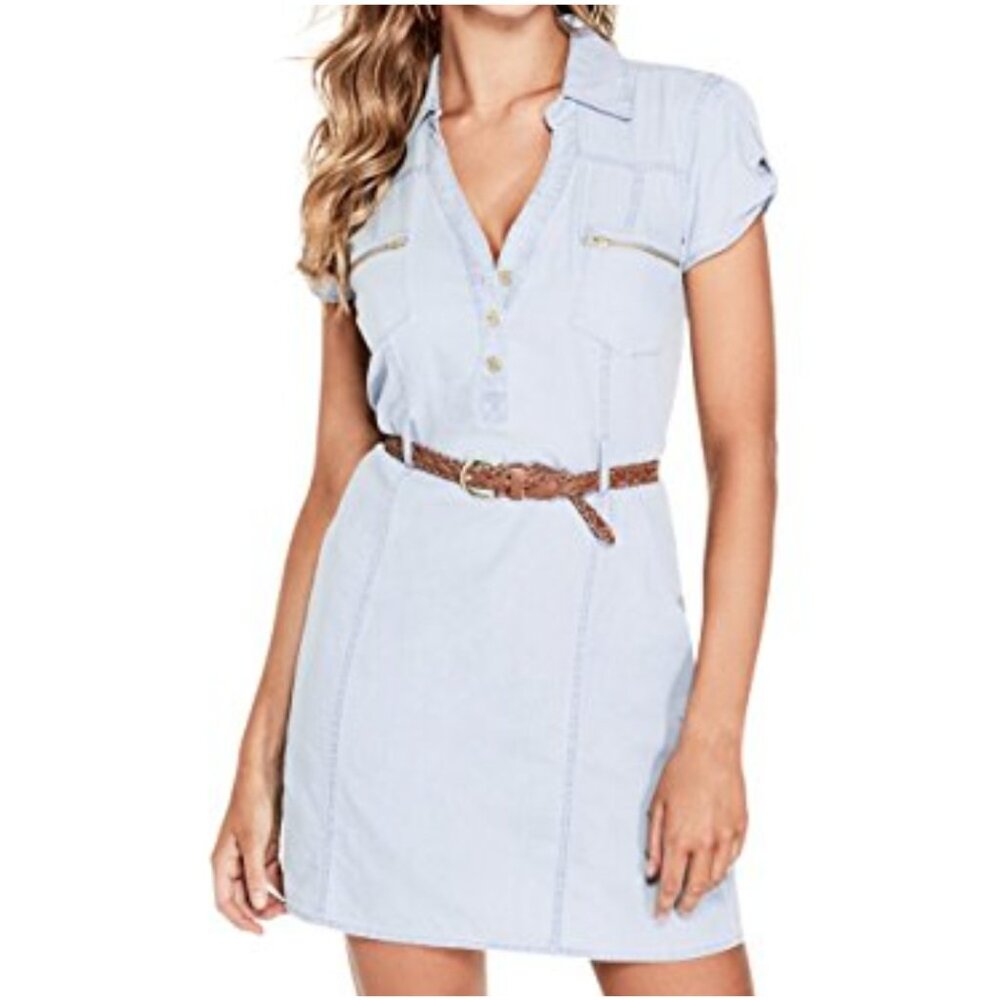 G by Guess Candace Shirt Dress Women's Belted Waist Zip Pocket Light Wash Look M